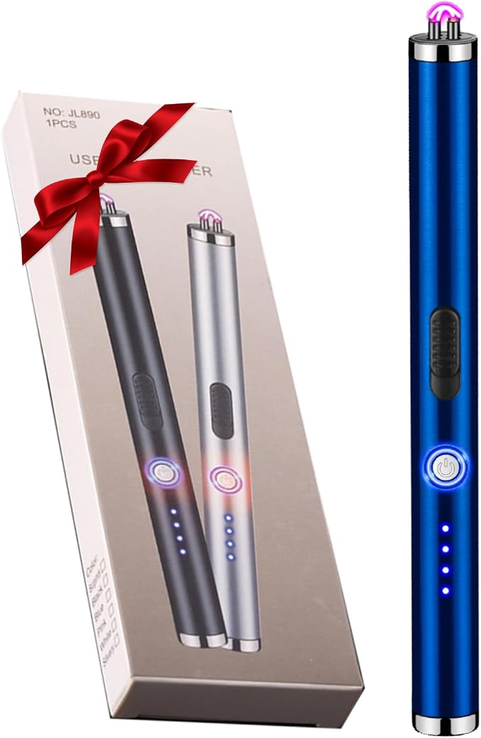 Candle Lighter Rechargeable Dual Arc Plasma Lighter for Kitchen, Windproof Long Lighter with LED Power Display, USB Lighters for Candle, BBQs, Fireworks, Camping (Blue)