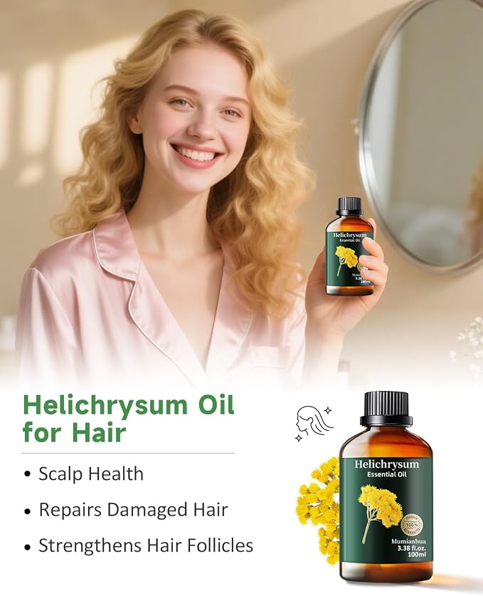 Helichrysum Essential Oil Pure – Mumianhua Natural Oil for Skin & Hair, Aromatherapy for Massage, DIY Candle & Soap Making, Diffuser & Humidifier – 3.38 Fl oz