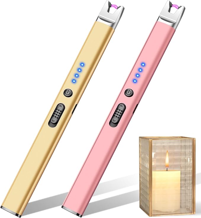 LcFun 2 Pack Candle Lighter Electric USB Rechargeable Plasma Arc Lighter with Safety Lock, Windproof Flameless Long Matches for Candle, Grill, BBQ, Camping, Gas Stoves (Gold,Pink)