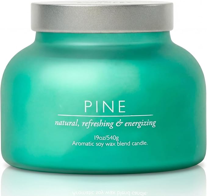 Pine Volcano Candle 19oz: 80-Hour Burn, Natural Refreshing Pine Scent, Hybrid Soy Wax, Crackling Wood Wick, Teal Matte Glass Jar, Gold Foil Gift Box by Spotless Candles