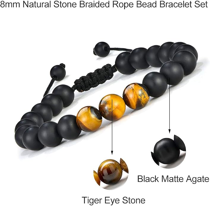 M MOOHAM Mens Bracelet - Beaded Natural Stone 8mm Tiger Eye Matte Agate Lava Rock Bracelets for Men Teen Boys Grandpa Dad Birthday Gifts Jewelry