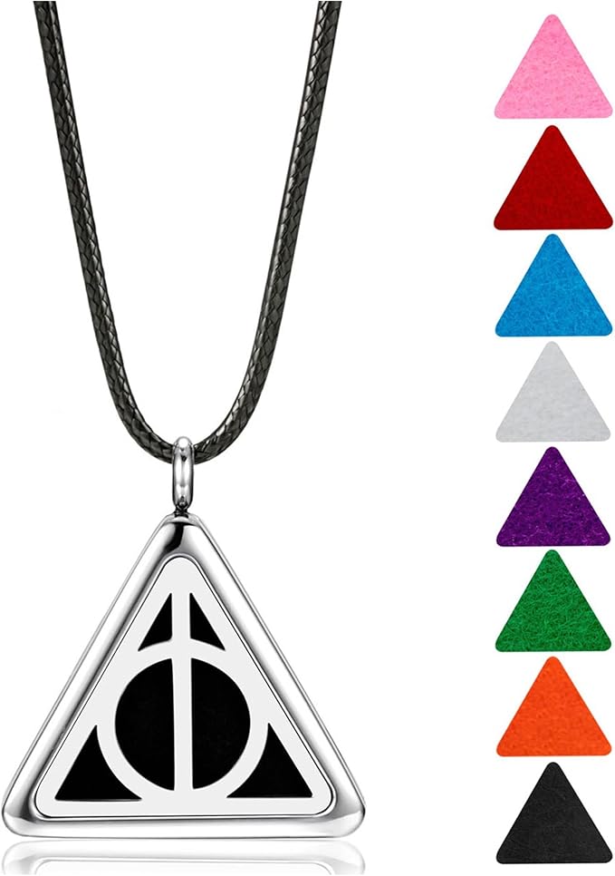 Wild Essentials Potter Hallows Aromatherapy Diffuser Necklace13-PieceGift Set –Includes 4 Pure Essential Oils, Black Rope Necklace, Steel Pendant, 8 Pads –Calming Aromatherapy Essential Oil Necklace