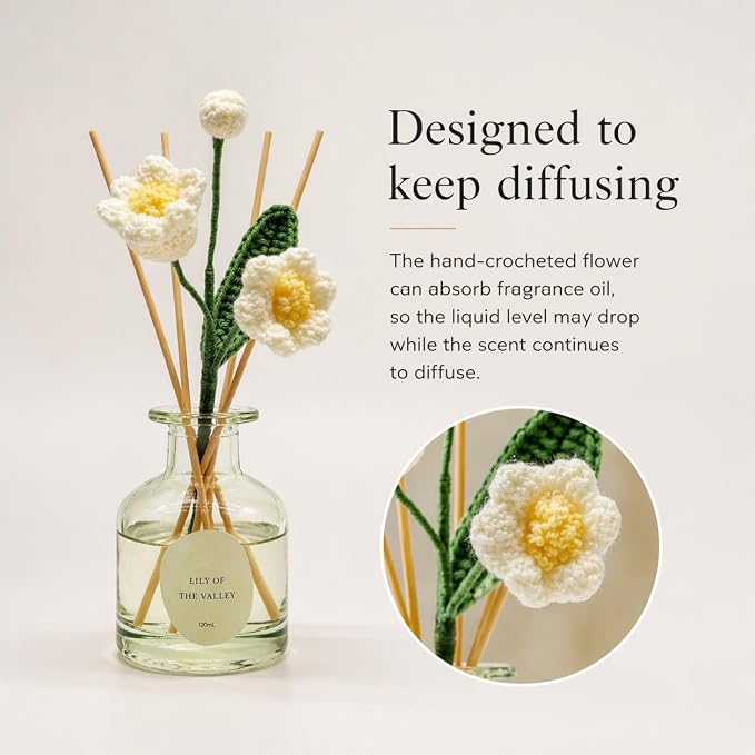 VANGIE Lily of The Valley Reed Diffuser for Home | Fresh Floral Scent | Elegant Glass Bottle with Handmade Flower | Long-Lasting, Vegan | Bedroom & Living Spaces