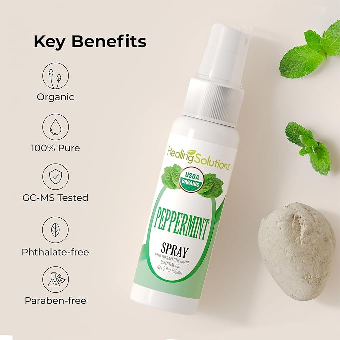 Healing Solutions - Peppermint Essential Oil Spray, (2 oz) USDA Certified Organic Aromatherapy Room & Linen Spray, Pillow & Bedding Mist, Shower Steam, Natural Peppermint Air Freshener