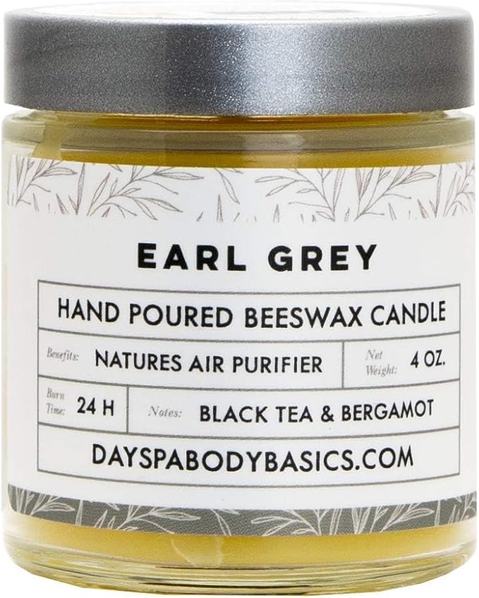 Earl Grey Hand-Poured Beeswax Candle - Natural, Cotton Braided Wick, Smokeless, Cleans Air, Non-Toxic, Non-Polluting, Non-Allergenic, Handmade in USA