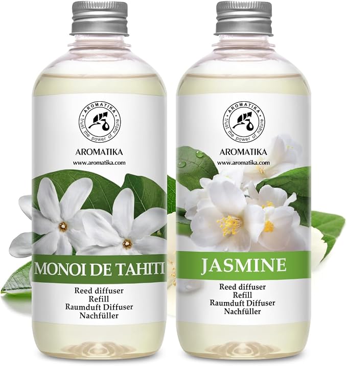 Reed Diffuser Refill Monoi de Tahiti and Jasmine Reed Diffuser Refill - 2 x 17.0 Fl Oz - Room Freshener - Fresh & Long Lasting Fragrance - for Aromatherapy - Gift Idea