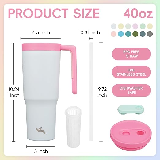 Konokyo 12 Pack 40 Oz Tumblers with Handle and Straw, Bulk Vacuum Insulated Stainless Steel Travel Mugs with Lids for Office, Events and Group Orders Pink Grey