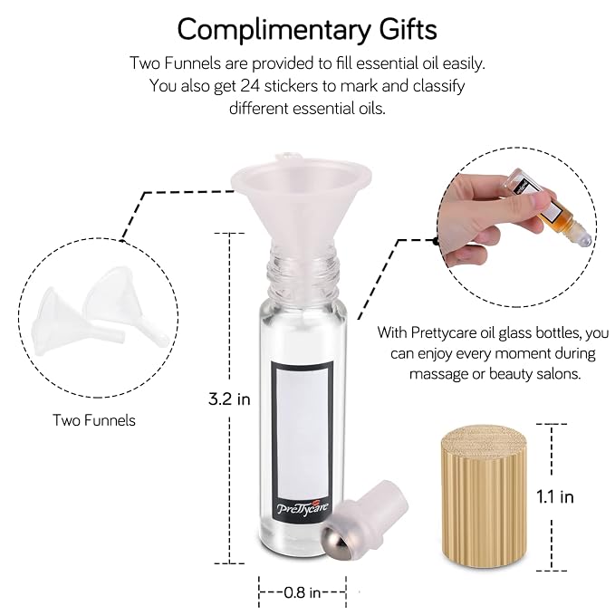 PrettyCare Essential Oil Roller Bottles 10ml (24 Pack Clear Glass Bottle with Bamboo Lid, 4 Extra Roller Balls，48 Labels, 2 Openers, 2 Funnels, 4 Droppers, Roller Balls For Essential Oils