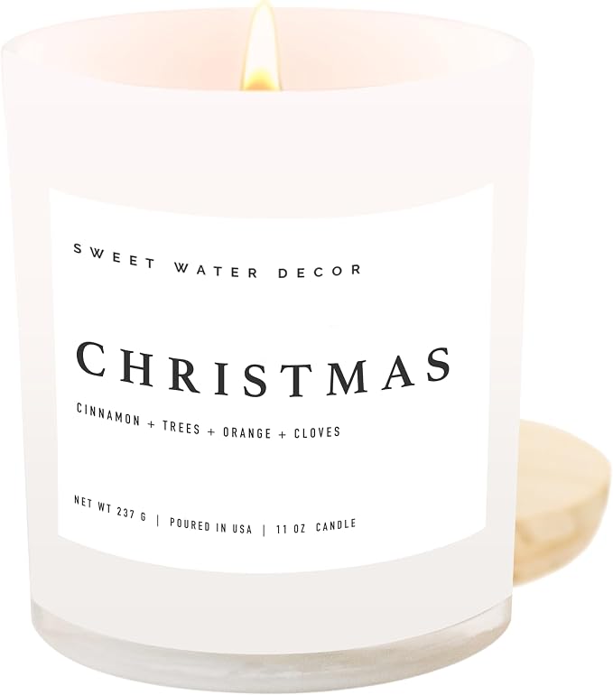 Sweet Water Decor Christmas Candle - Christmas Tree, Apple Cider, and Cinnamon, Winter Holiday Scented Soy Candles for Home - 11oz White Jar, 50+ Hour Burn Time, Made in the USA