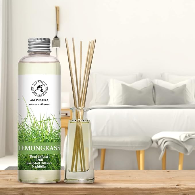 Lemongrass Reed Diffuser Refill, Natural Essential Lemongrass Oil 6.8 Fl Oz - Fresh & Long Lasting Fragrance - Best Reed Diffuser Oil Refill for Aromatherapy - Home - Office - Restaurant