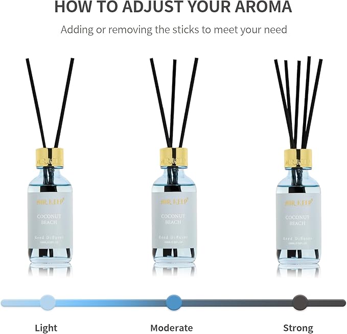 Airkeep Reed Diffuser Set, 3.38 fl oz (100 ml) - Coconut Beach Oil Diffusers with 8 Reed Sticks, Home Fragrance Reed Diffuser for Bathroom Shelf Decor