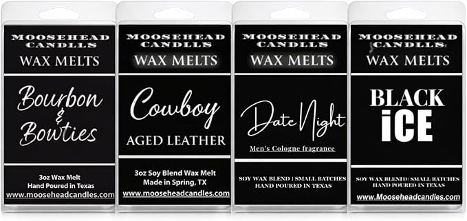 Men’s Wax Melts Variety Pack – Aged Leather, Armani Cologne, Bourbon & Bow Ties, and Black Ice Scents – Long-Lasting Soy Wax Melts, Masculine Fragrance Collection for Men