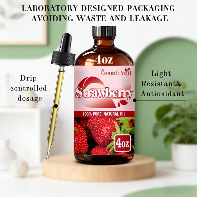 Strawberry Essential Oil Strawberry Oil for Aroma Diffuser,Humidifier,Home Fragrance,Cleaning,Body Care,Massage,Yoga,DIY Candle,DIY Soap CosmicVeil（Strawberry，4 Fl Oz (Pack of 1)）