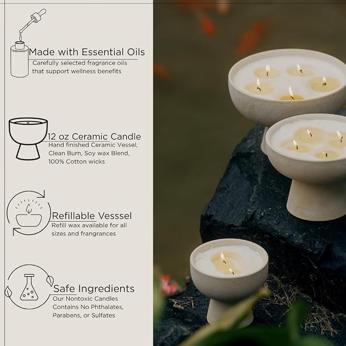 Blueme Balance Candle | White Lotus & Tea | 2 Wick - Refillable Wellness Candle with Essential Oils, Hand Finished & Poured Soy Wax Blend Ceramic Vessel, Natural Cotton Wicks | Medium 12 oz