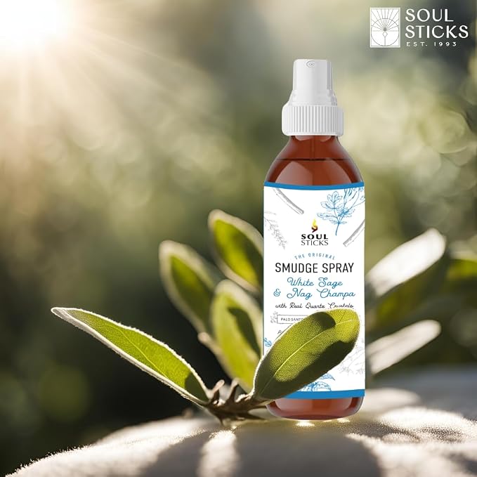 SOUL STICKS White Sage & Nag Champa Smudge Spray – 3.5oz Smokeless Cleansing Mist with Quartz Crystals – Spiritual Aromatherapy Spray for Meditation, Yoga, Home Energy Clearing & Relaxation