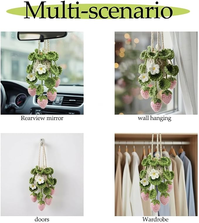 Crochet Car Air Freshener Hanging, Cute Hanging Plant for Cars, Crochet Strawberry Plant with 10ml Empty Refillable Oil Diffuser Bottle, Handmade Boho Car Ornament Charms for Rear View Mirror, Pink