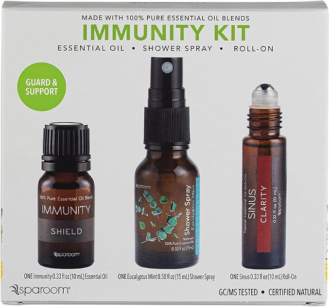 SpaRoom Immunity Travel Kit, Immunity Essential Oil Blend, Eucalyptus Mint Shower Spray, Sinus Topical Roll-on
