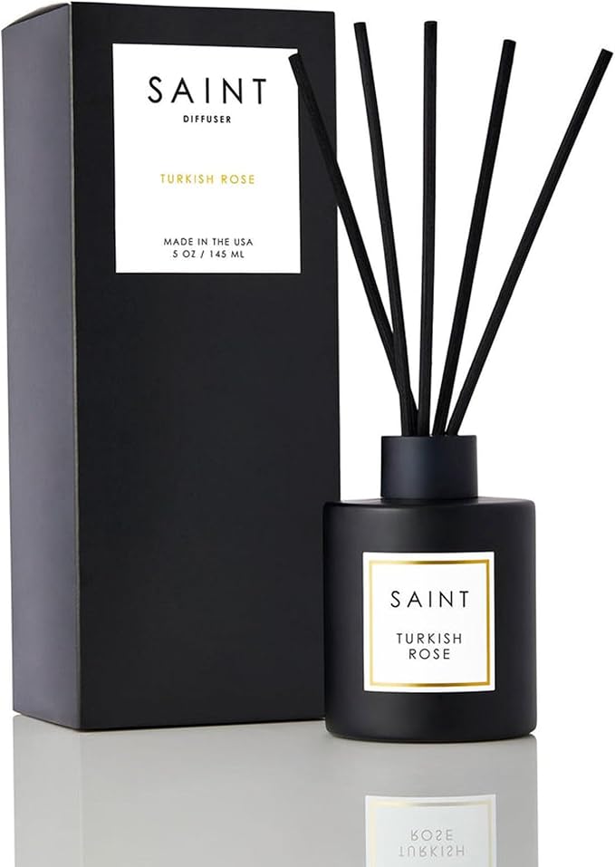 SAINT Reed Diffuser Set with Scent Diffuser Sticks, 5oz, Turkish Rose | Long-Lasting Oil Diffuser in Matte Black Glass Jar, Aroma Diffuser for Home, Bedroom, or Bathroom