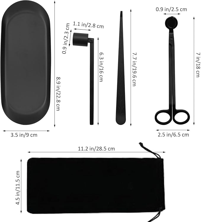 4 in 1 Candle Accessory Set, Candle Snuffer, Candle Wick Cutter, Candle Dipper, Storage Tray Plate, Candle Care Kit with Velvet Pouch for Candle Lover (Black)