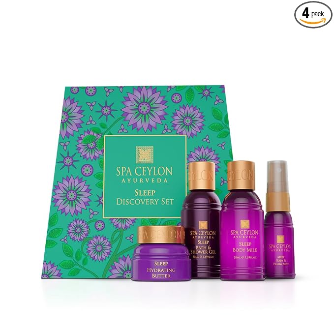 Spa Ceylon Ayurveda Sleep Discovery Set – 4-Piece Natural Bedtime Gift Set with Lavender, Ylang Ylang & Patchouli – Shower Gel, Body Milk, Pillow Mist & Hydrating Butter