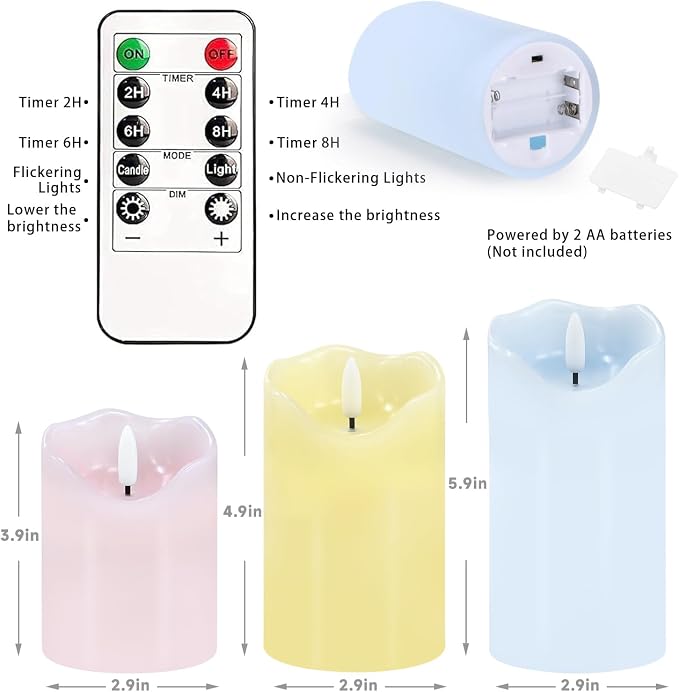 Flameless Candles Light, Set of 3 Pastel Spring LED Candles with Remote & Timer, Flickering Easter Pillar Candles Battery Operated, Real Wax Electric Candles for Home Spring Easter Decor (3 Colors)