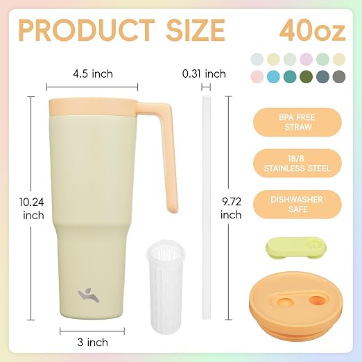 Konokyo 12 Pack 40 Oz Tumblers with Handle and Straw, Bulk Vacuum Insulated Stainless Steel Travel Mugs with Lids for Office, Events and Group Orders Lemon