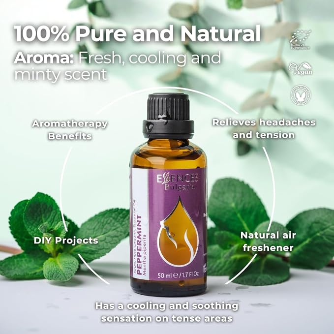 Essences Bulgaria Organic Peppermint Essential Oil 1,7 Fl Oz | 50ml | Mentha piperita | 100% Pure and Natural | Undiluted | Therapeutic Grade | Family Owned Farm | Steam-Distilled | Non-GMO | Vegan
