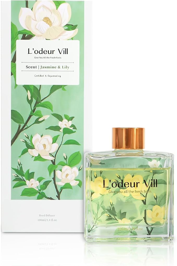 L'odeur Vill Reed Diffuser Set/Jasmine & Lily/3.38 fl.oz（100ML）/1 Pack with 6 Reed Sticks/Home Fragrance Diffuser, Oil Scent Diffuser for Bathroom Shelf Decor.