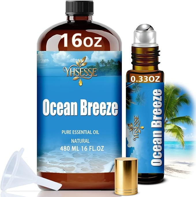 Ocean Breeze Essential Oil, Ocean Breeze Oil 16 Fl Oz 480ml for Diffuser Yoga Soap & Candle Making – with 0.33 Oz Roller Ball & Funnel YHSESSE Essential Oils