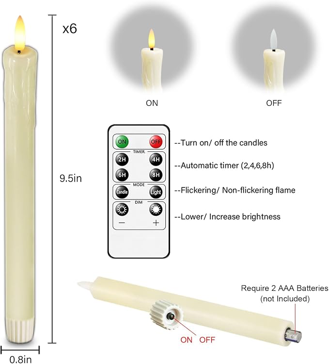 Lezonic Flameless Taper Candles with Remote Timer, Real Wax Battery Operated Flickering LED Fake Candles for Dining Table Centerpiece Wedding Christmas Mantel Decor, 0.8 x 9.5 inch