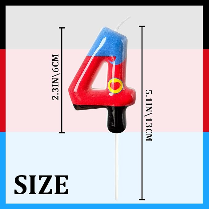 Number 4 Birthday Candle for Cake – Red Blue Cartoon Hero Style with Heart Design – Cute Cake Topper for Birthday Party Decoration