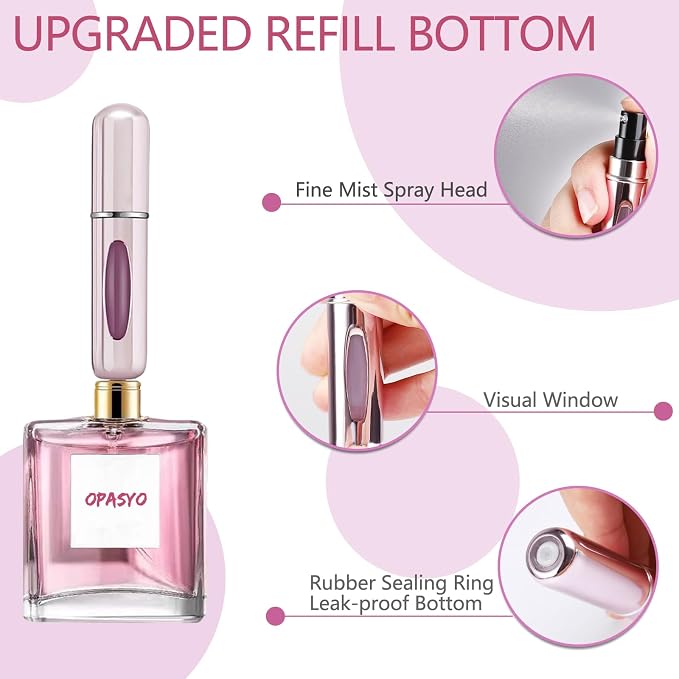opasyo 4 Pcs Mini Perfume Atomizer Refillable Bottle, 5ml Portable Bottom Fill Scent Dispenser, Leak-Proof Cologne Travel Spray Pump for Purse & Luggage (Silver/Pink/Blue/Black)