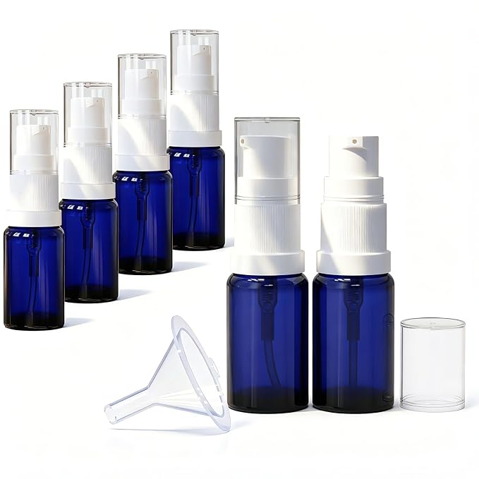 10ml Empty Glass Pump Bottle Dispenser 6 Pack,Blue Travel Refillable Bottles Dispenser for Lotion Cream Essential Oil Shampoo, Small Cosmetic Containers 1/3oz (10ml Blue 6pcs)