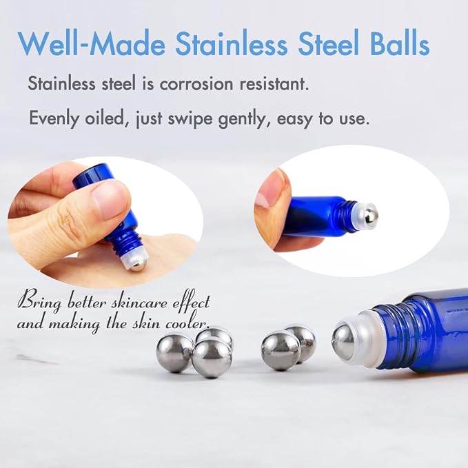 3ml Roller Bottles 24Pack Cobalt Blue Thick Glass Essential Oil Bottles with Stainless Steel Roller Ball and 2 Droppers