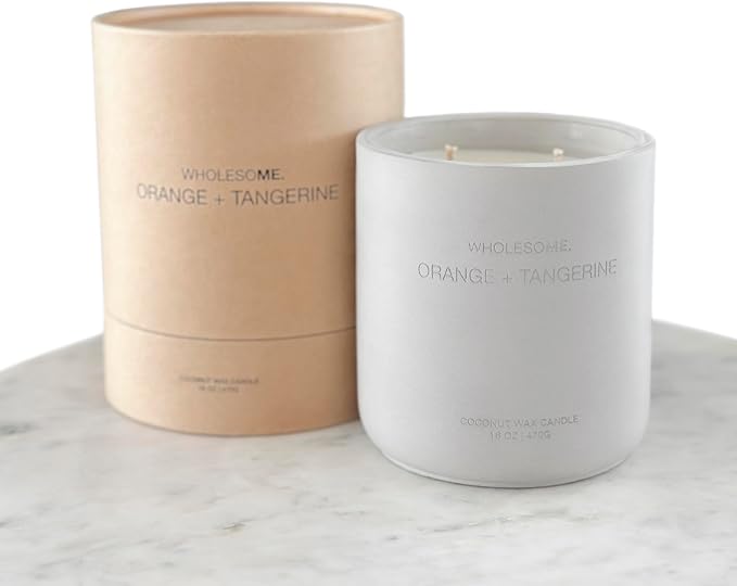 WHOLESOME. Orange Tangerine Scented Non-Toxic Candles for Home, 2 Wicks Natural Coconut Wax Candle Eco-Friendly, Luxury Aromatherapy Candles Stress Relief, 16 oz Large Concrete Jar, 90 Hours Burn