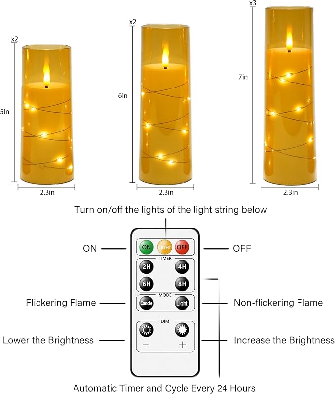 Eebuss Flameless Candles with Embedded Star String, Battery Operated LED Pillar Candles with Timer and Remote Control,Home Decorating for Ambiance， Set of 7 (Gold)