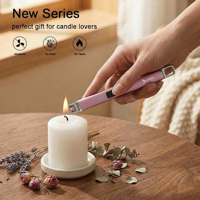 SUPRUS Candle Lighter Arc Electric Lighter Windproof Flameless with Safety Switch for Camping BBQ Birthday, Giftbox for Mom Wife Friend (Rose Red)