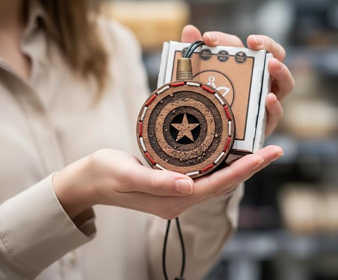 Wood Car Air Freshener — Captain Shield Handmade Unscented DIY Essential Oil Hanging Diffuser with Felt Insert — Add Your Own Oils — Refillable — Car/Truck/SUV — Cardboard Box