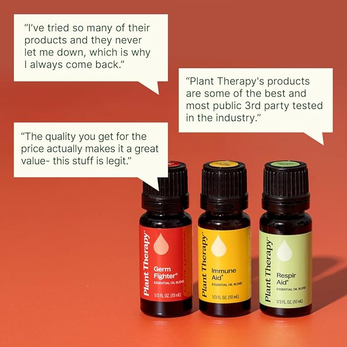 Plant Therapy Wellness Essential Oil Set, 3-Pack of 10 MLS (1/3 oz), Pure Essential Oil Blends: Germ Fighter, Immune Aid & Respir Aid, Great for Immune Support, Respiratory Relief & Seasonal Wellness