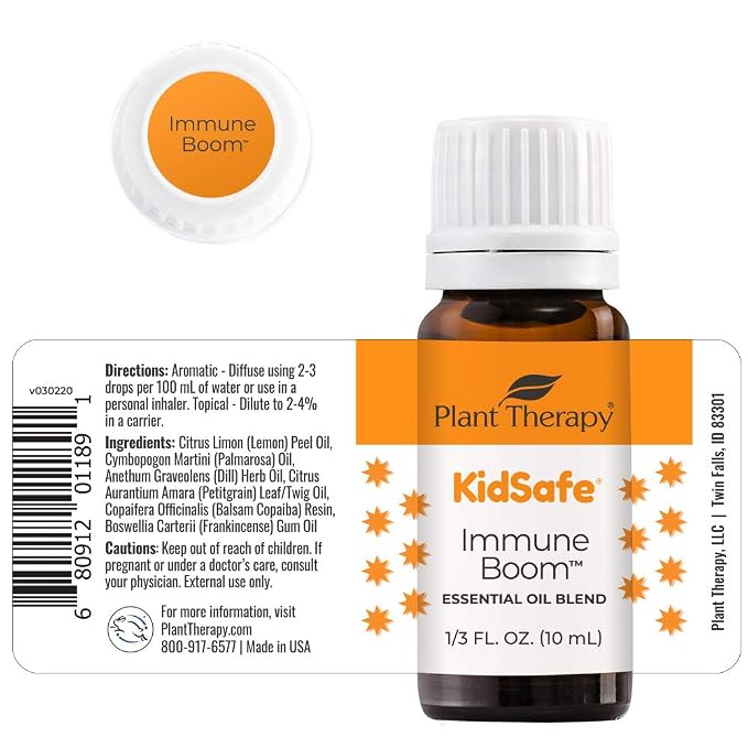 Plant Therapy Kidsafe Immune Boom Essential Oil Blend 10 mL (1/3 oz) 100% Pure, Undiluted, Great for Essential Oil Diffusers
