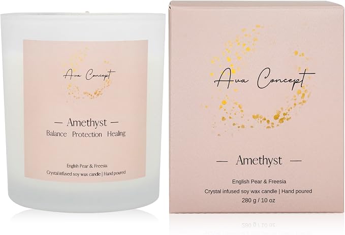 AvaConcept Amethyst Crystal Candle – 10oz / 280g | English Pear & Freesia Aromatherapy | Hand-Poured Soy Wax | Genuine Healing Crystals Embedded | Balance, Protection & Healing | Gift Box Included