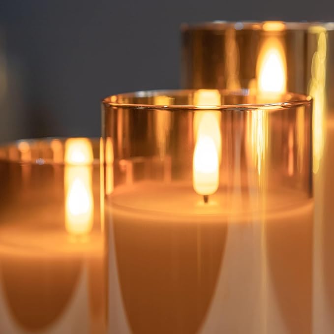 ANGELLOONG Gold Candles for Bathroom Decor, Glass Flameless Candles with Remote, Battery Operated LED Pillar Fake Candles with Timer for Christmas Home Fireplace Mantle Fall Decor