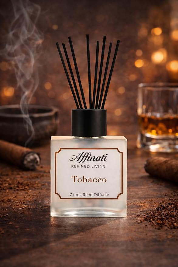 Affinati Tobacco Reed Diffuser 7 fl oz - Luxury Flameless Continuous Aromatherapy, Long-Lasting Bold Earthy Home Fragrance, Premium Pure Masculine Scented Glass Set, Luxury Gifts for Men & Office