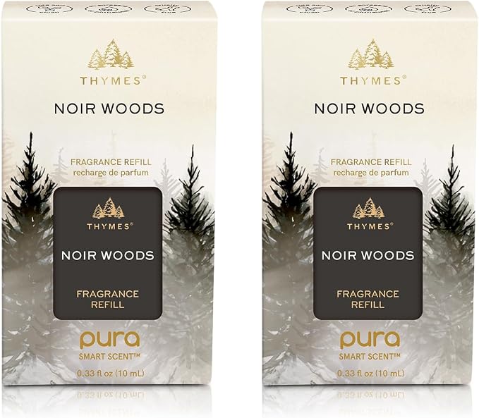 Thymes Pura Refills – 2 Pack of Oil Diffuser Scents – Long-Lasting Pura Diffuser Refills – Premium Home Fragrance – Notes of Fresh Evergreen, Smoky Wood & Golden Amber (Noir Woods, Pack of 2)