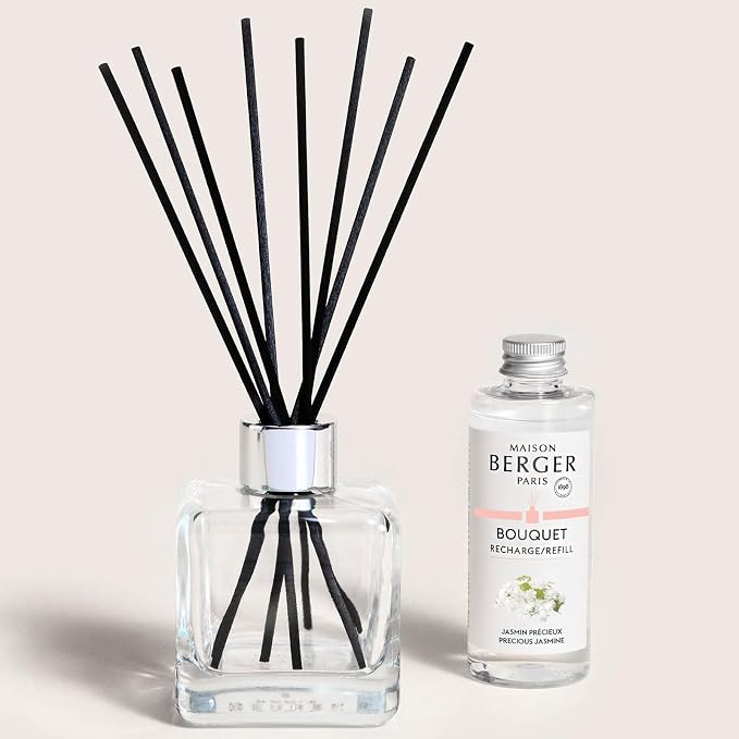 MAISON BERGER Reed Diffuser Bouquet, 100 ml, Precious Jasmine | Clear Glass Bottle, 8 Reed Sticks, 100 ml Refill, Up to 6-Week Passive Diffusion, No Flame, Made in France