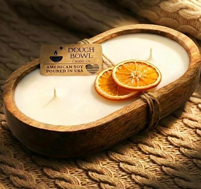 Dough Bowl Candle Co. Orange Candles - Citrus Scented Candles for Home (Mandarin Cranberry Cherry Vanilla), Non Toxic 100% Soy Wax, Decorative 3 Wick 10x6 Big Luxury Aromatherapy Gifts for Women Men