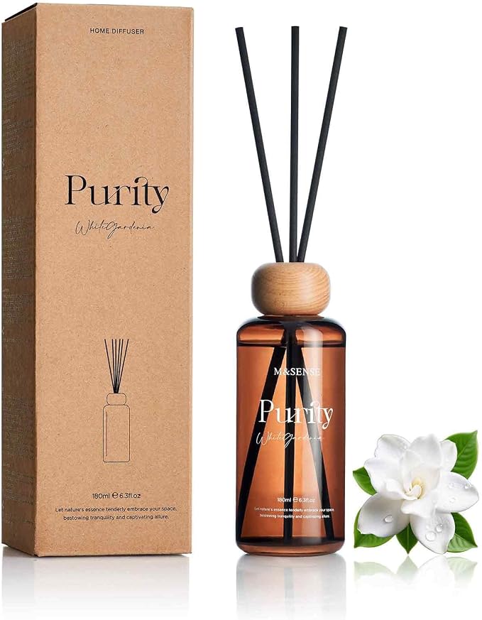 M&SENSE Reed Diffuser Set, White Gardenia Scented 6.3 fl oz Natural Essential Oil Diffusers with Sticks, Non-Toxic Organic Air Freshener, Long-Lasting Fragrance Oils for Home Office Bathroom Bedroom