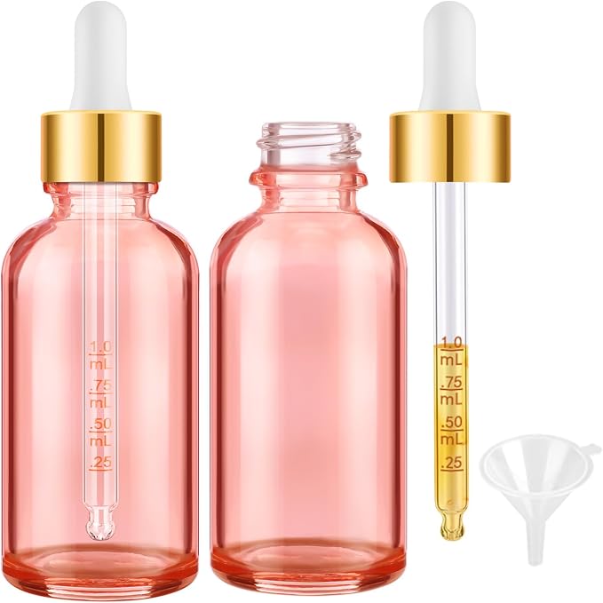 Bumobum 2 oz Glass Dropper Bottles, 2 pack Pink Lab dispensing Bottles for Essential Oils with Funnel, Labels & Pipette, Eye Tincture Bottle with Measured Dropper