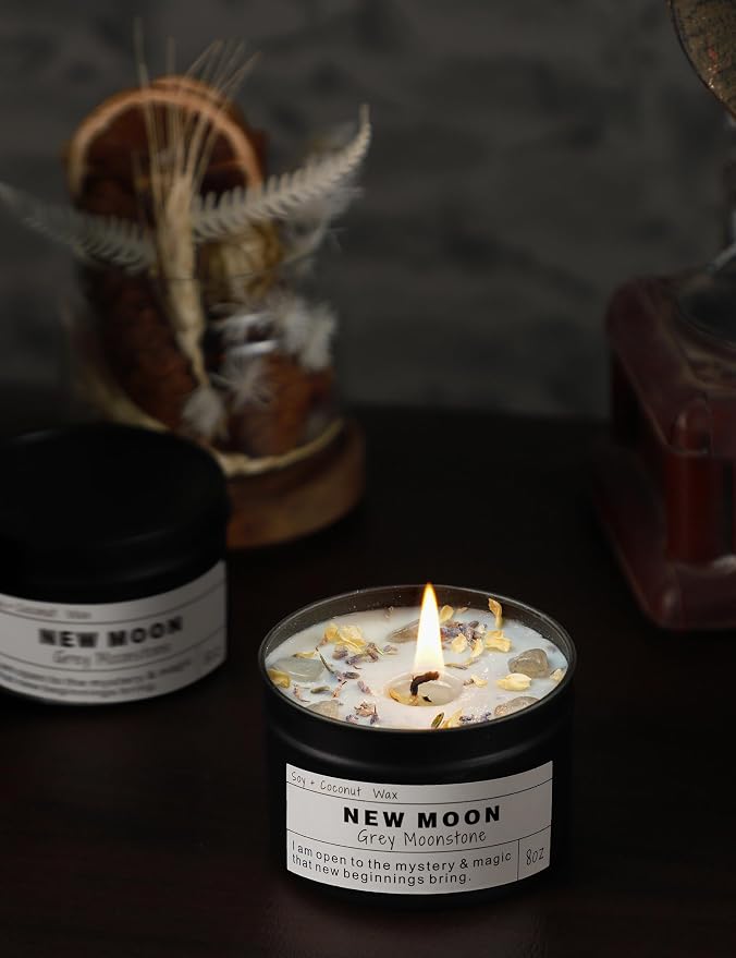 NEW Moon Handmade Candle, New Beginnings, Ritual Energy Gift, Intention De-Stress Good Fortune, Success Protection, Meditation, Moonstone, Soy Wax (8oz)