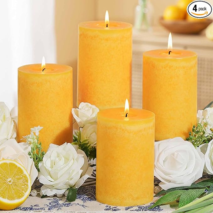 Orange Lemongrass Scented Pillar Candles 4 Pack, 60 Hours Long Lasting Burn Natural Essential Oils,2.8 x 4 in - Fresh Citrus Scent for Outdoor Patio & Home Refresh,Natural Repellent Vibes& Home Spa